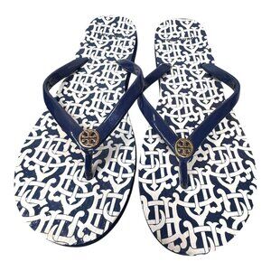 Tory Burch Navy White Thin Flip Flops Size 8 w Gold Logo With Box Good Condition